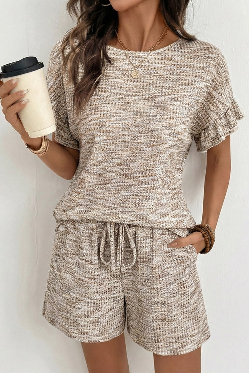 Heather Textured Ruffle Sleeve Top & Drawstring Shorts Set